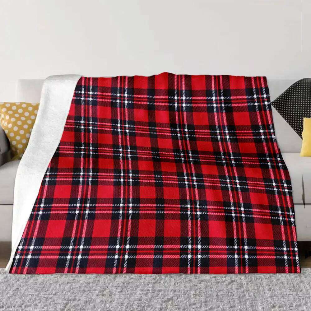 Classic Tartan Plaid Throw Blanket - Bright Red with Black White Checkered Pattern, Symmetrical Traditional Design, Soft & W260120