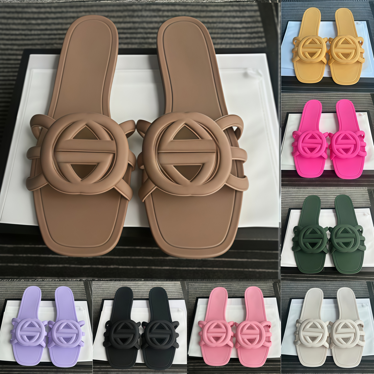 Designer Sandals Women Interlocking Slides Rubber Slippers Luxury Ladies Flat Beach Jelly Script Orange Summer Fall Mules Outdoor Waterproof US6-11