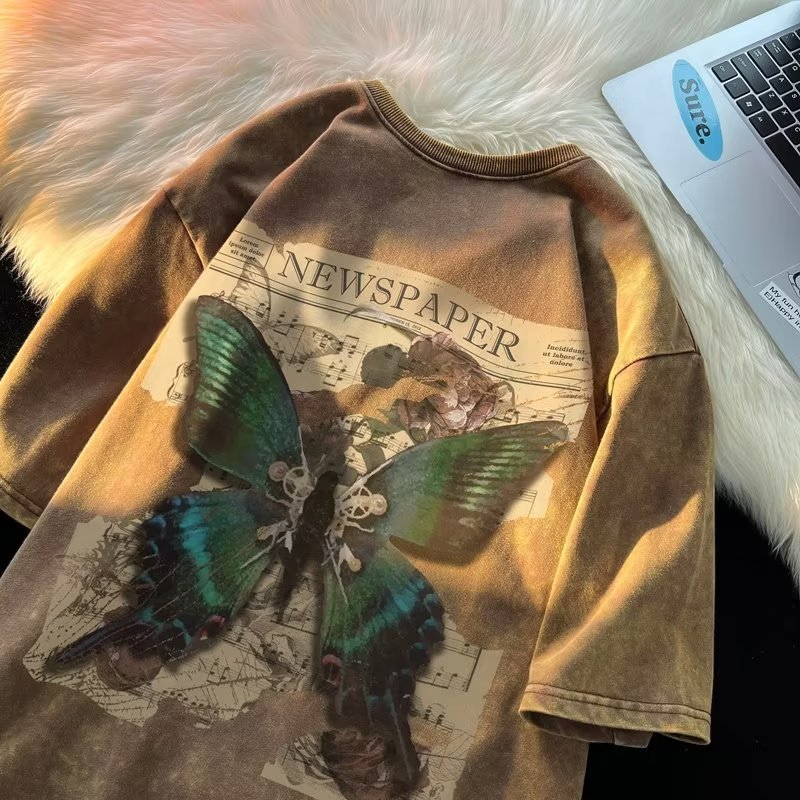 Butterfly Vintage Washed Distressed T-Shirt Unisex Niche Designer Streetwear Wholesale