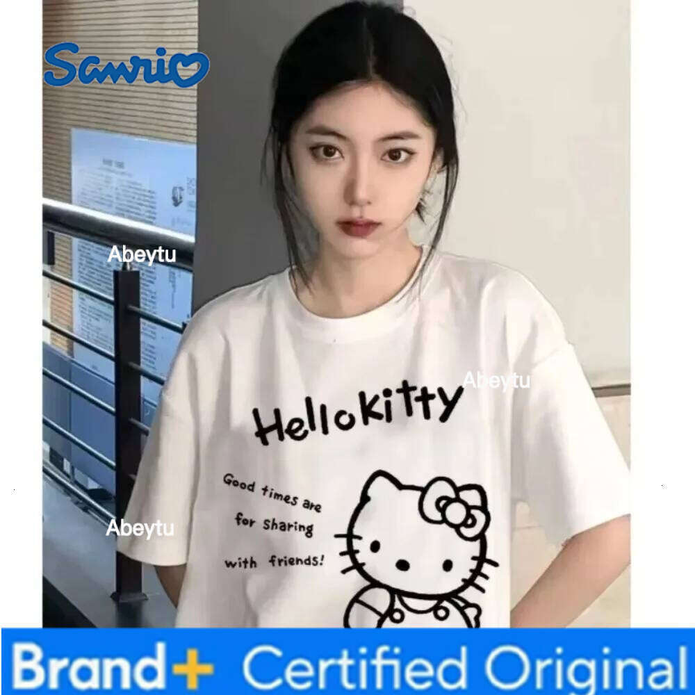 Sanrio MINISO Hello Kitty Cute White T-shirt New Korean Y2K Street Campus Style Women's Oversized Quick-dry Top H260120