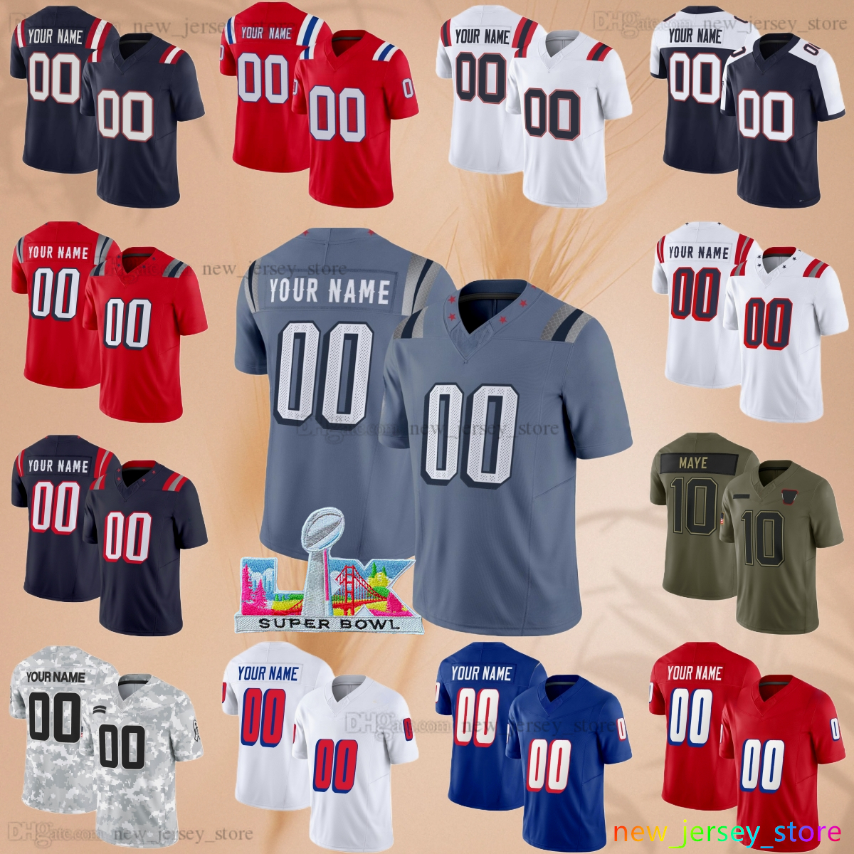 Custom S-6XL 2026 SuperBowl Football Jersey 10 Drake Maye 0 Christian Gonzalez 32 TreVeyon Henderson 38 Rhamondre Stevenson 8 Stefon Diggs 69 Cole Strange Jerseys