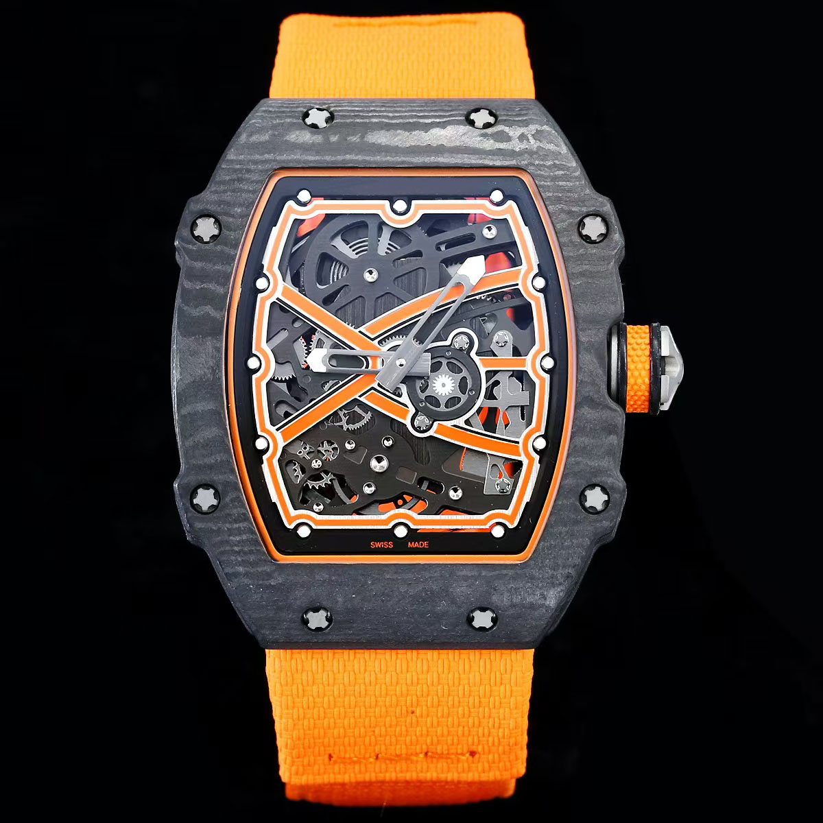 67-02 Lightest Thinness Mens Watch Carbon Fibres Quartz Luxury Wristwatch Skeletonized Dial Sapphire Crystal Elastic Wristband Orange