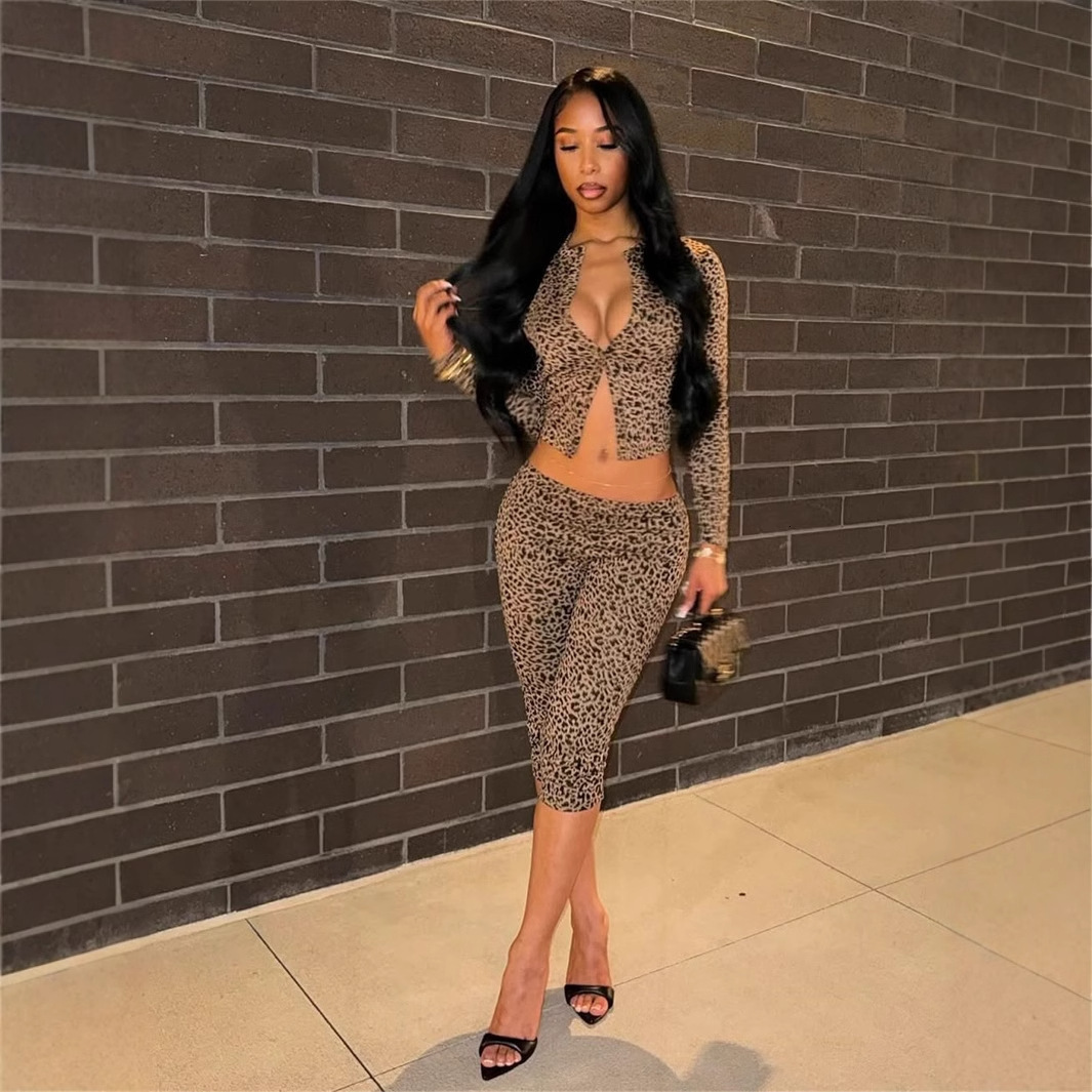 Chic Printed Tight Fitting Elastic Women Pants Suit Casual Long Sleeve Round Neck Slim Top Set 2025 Lady Spring Commute Outfits 250214