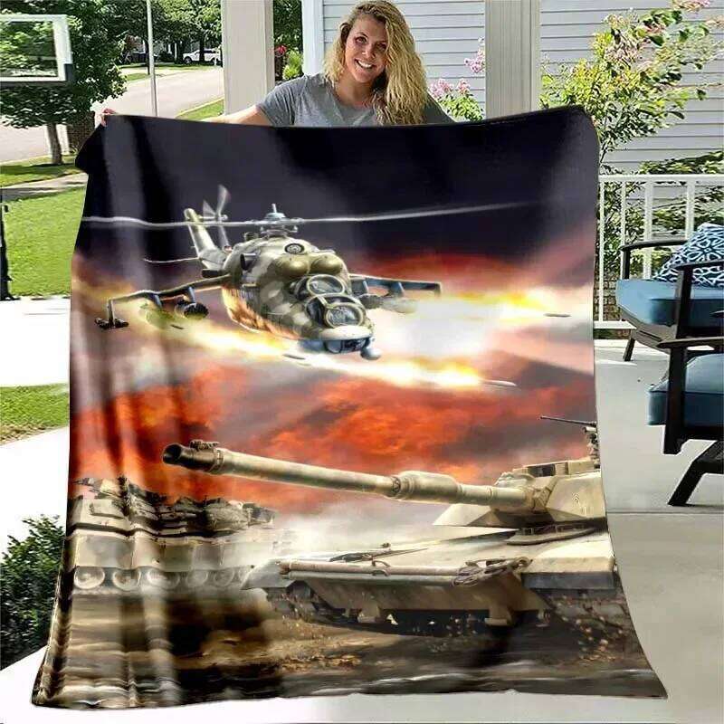 D Printed War Tank Flannel Throw Blanket Men Boys Perfect for Bed Sofa Travel Hiking Picnic Military Weapon Design W260120
