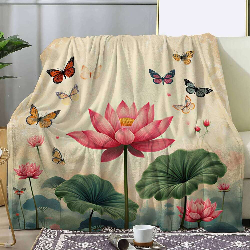 1pc Vintage Floral & Butterfly Print Flannel Blanket - Soft Polyester All-Season Cozy Throw for Sofa, Bed, Car, Office W260120