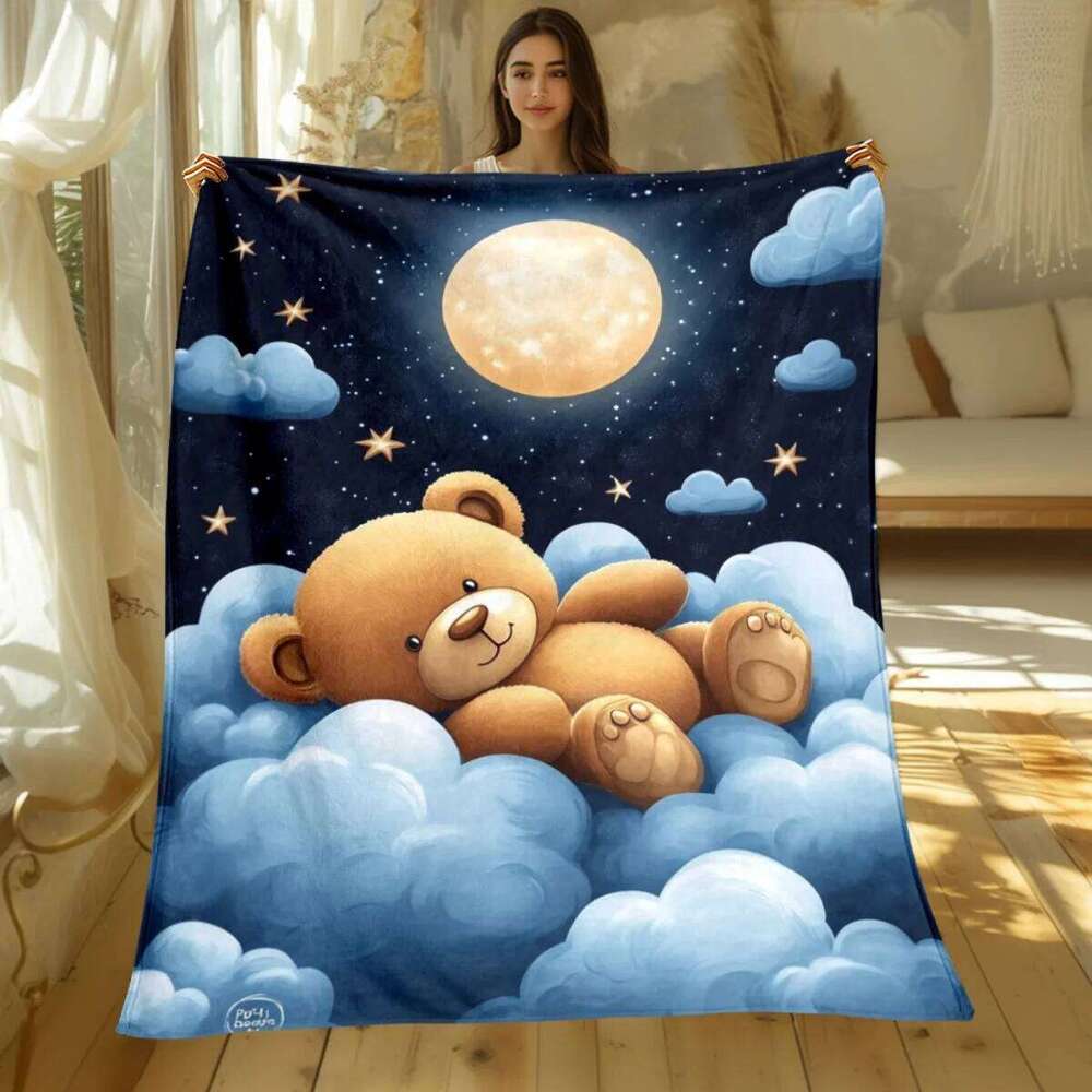 1pc Teddy Bear Moon Cloud Night Sky Flannel Blanket Cute Kids Bedding Soft Comforter Bedroom Decor Dreamy Sleep Gift W260120