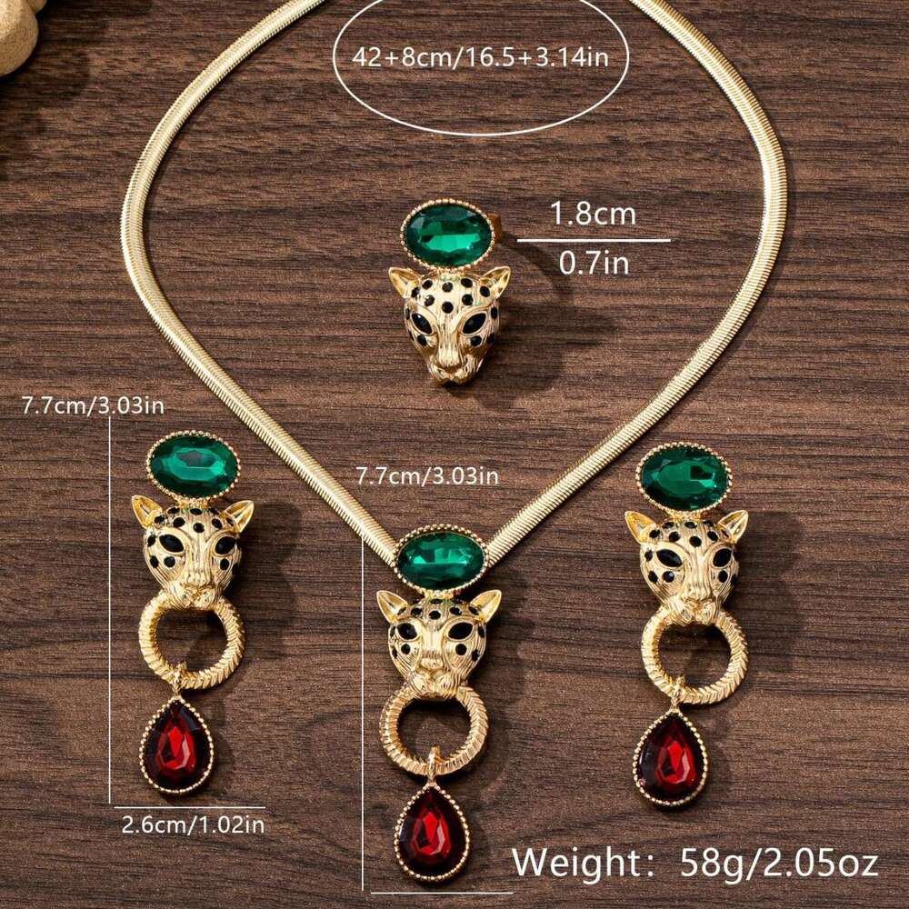 Necklace Earrings Rings for Women Gold Cheetah Green Crystal 3Pcs Jewelry Set Retro Versatile Daily Dating Gift Jewelry