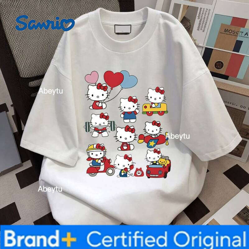 Sanrio Miniso Hello Kitty Kawaii Cotton ed Anime Fashion Women Men Summer Casual Street Personalized Top T-shirt H260120