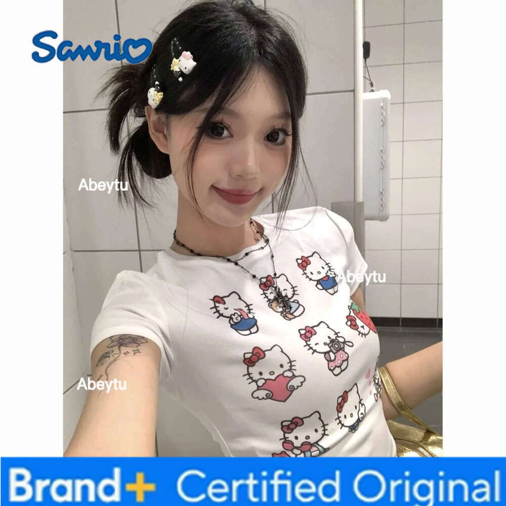 Sanrio Y2K Kawaii Anime Hello Kitty Women White T-Shirt Summer Cotton Cartoon Printing Short Sleeve Trend Crop Tops Girl Gift Clothes H260120