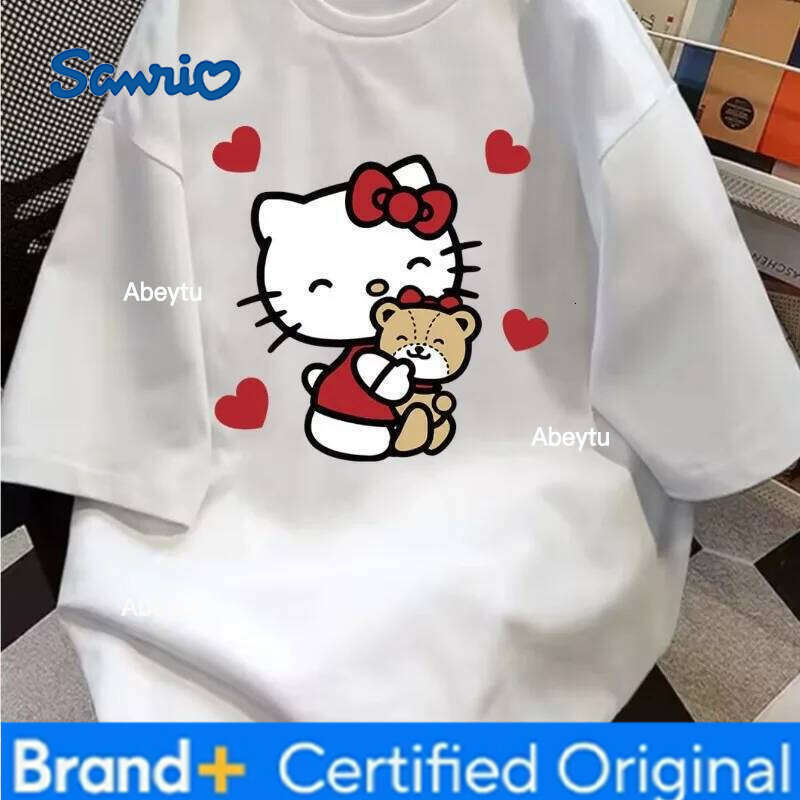 Sanrio 2021 Summer New Women's Cute Hello Kitty Plus Size Fashion Casual Loose Y2K Cotton T-shirt Round Neck Short Sleeve Top H260120