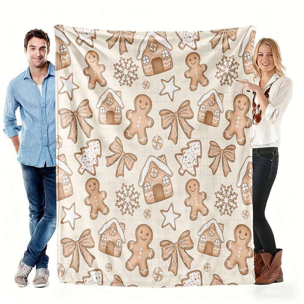 Christmas Gingerbread Man & Cookie Pattern Fleece Cozy Throw for Couch Bed Blanket with Gingerbreadfor Home Gift W260120