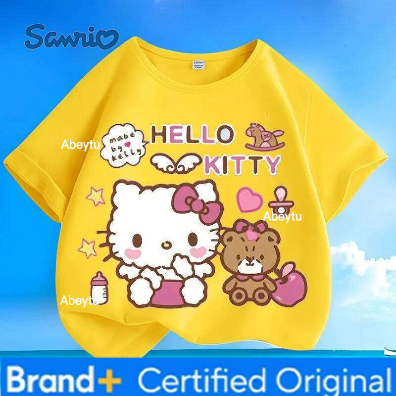 Sanrio New Hello Kitty T-shirt Breathable Skin-friendly Anti-wrinkle Easy Care Loose Versatile Crew Neck Short SleeveTops for Kids H260120