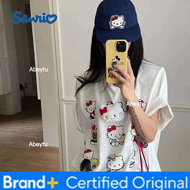 Sanrio HelloKitty girl t-shirt Spring and summer Pure cotton Cartoon Loose short sleeves Kawaii Jacket Three-dimensional doll H260120