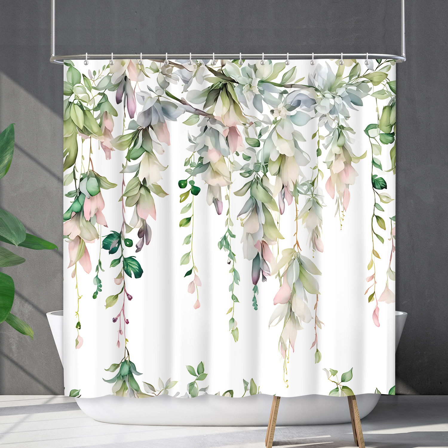 YL-38192 Bathroom Waterproof Shower Curtain Set, Floral Plant Curtain, Flower Shower Cover, No Drill Required