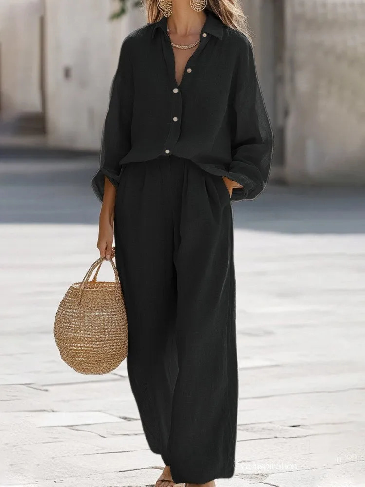 Lady Cotton Linen Shirt Pants Suits Casual Two Piece Set For Women Autumn Long Sleeve Top And Wide Leg Pants Loose Outfits 260119