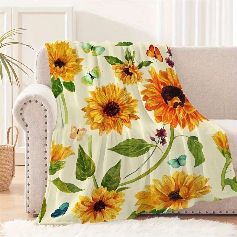 Sunflower Butterfly Garden Floral Pattern Fleece Blanket Bright Yellow Green Nature Theme Soft Flannel Throw Couch Cover Home W260120