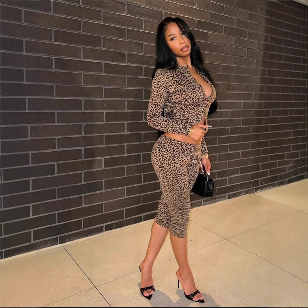 Chic Printed Tight Fitting Elastic Women Pants Suit Casual Long Sleeve Round Neck Slim Top Set 2025 Lady Spring Commute Outfits 250214