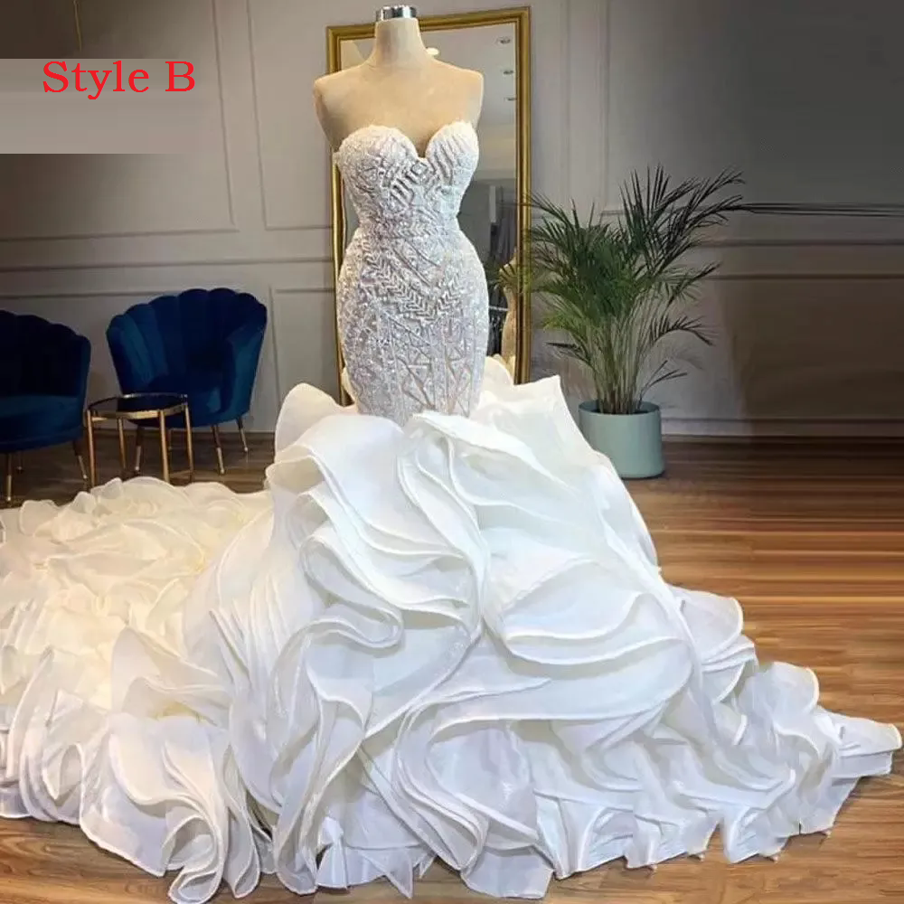 Customized Luxury White Mermaid Wedding Dresses for Bride SweetNeck Cascading Ruffles Pearls Plus Size Women Bridal Gowns Vestidos De Novia Plus Size