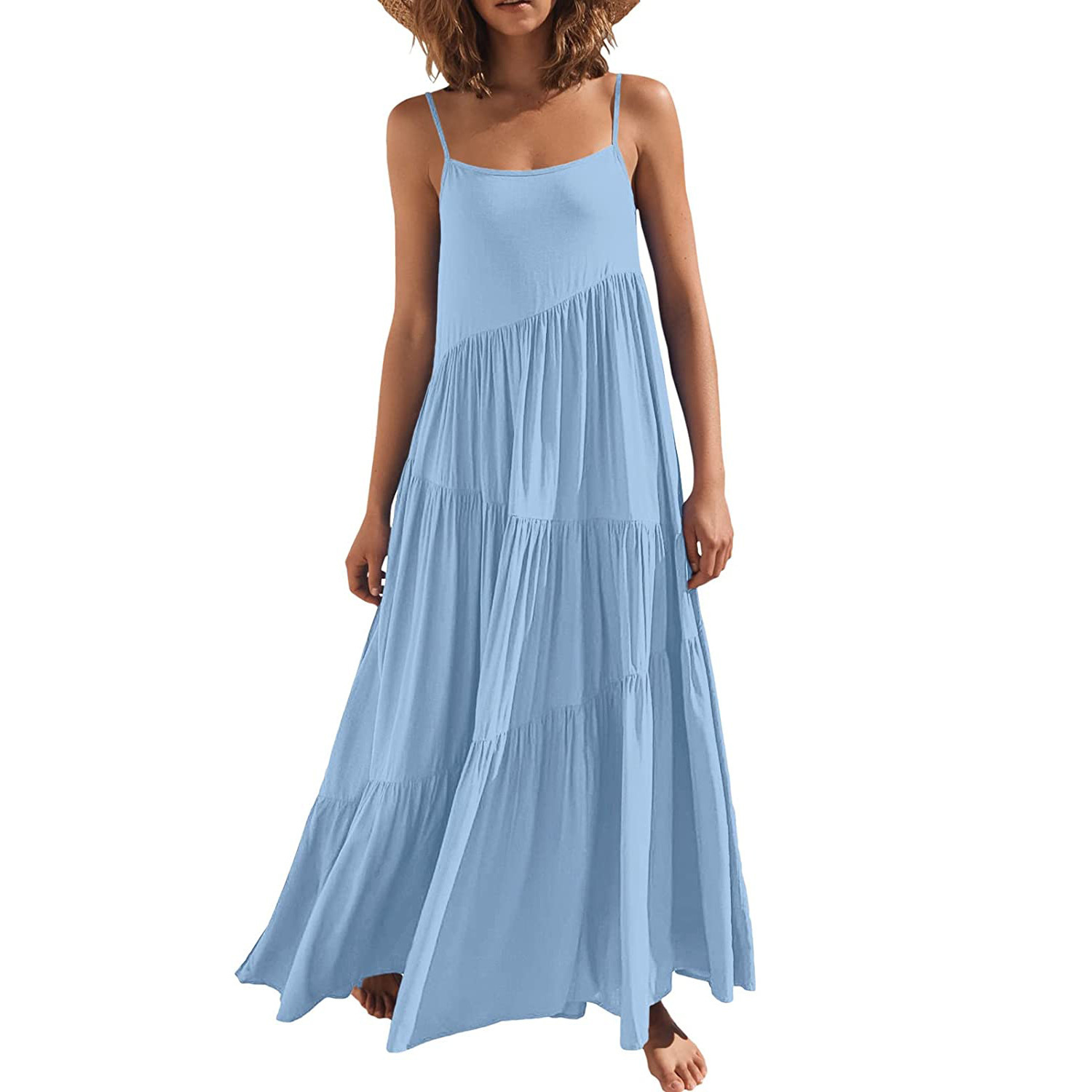 X43224 Amazon Cross-Border Summer European Women's Loose Solid Color Pleated Irregular Dress Beach Skirt