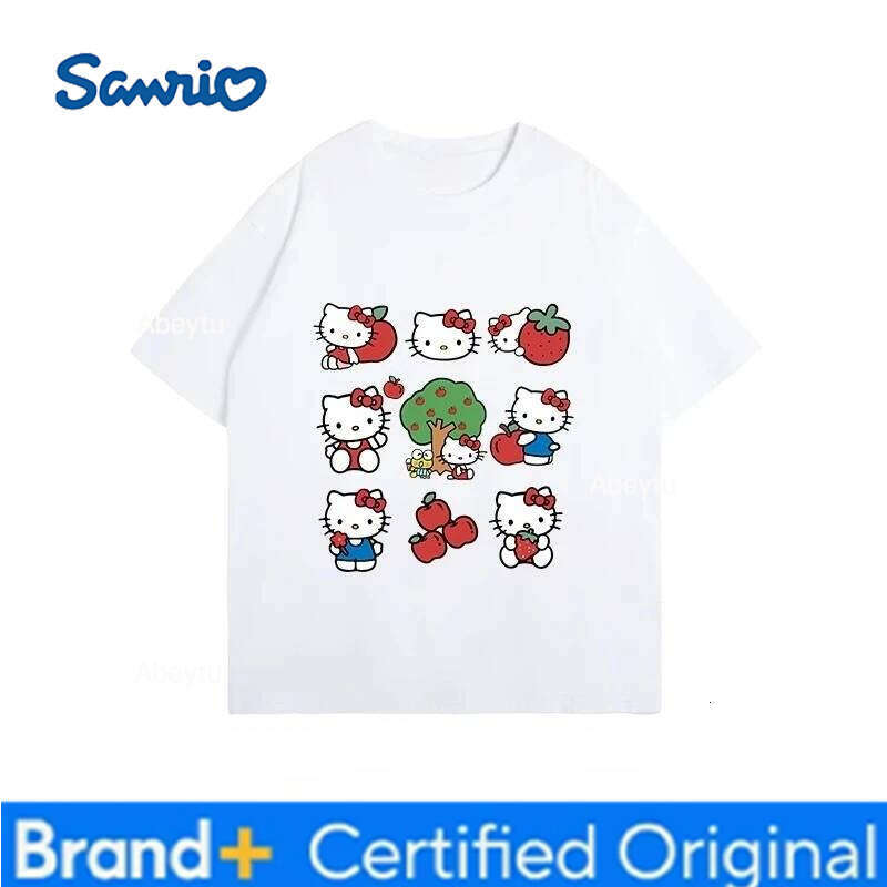 Sanrio Hello Kitty Fun Print Cotton Kids T-Shirt Summer Cartoon Graphic Woman T-shirt Round Neck Plus Size Loose Casual Clothes H260120
