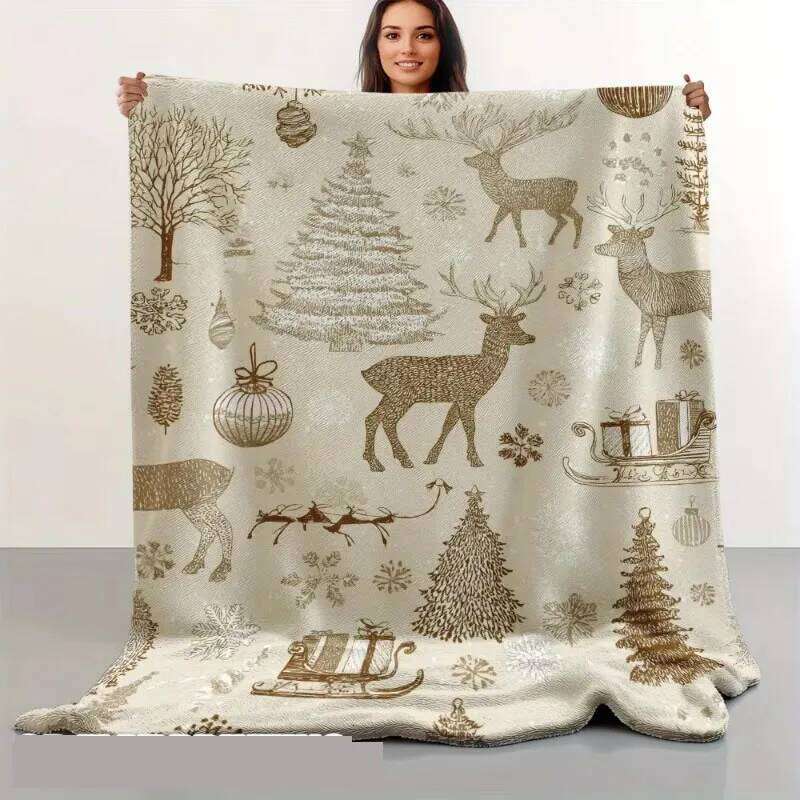 1pc Ultra-Soft Luxury Flannel Christmas Blanket - Vintage Winter Scenes with Reindeer W260120
