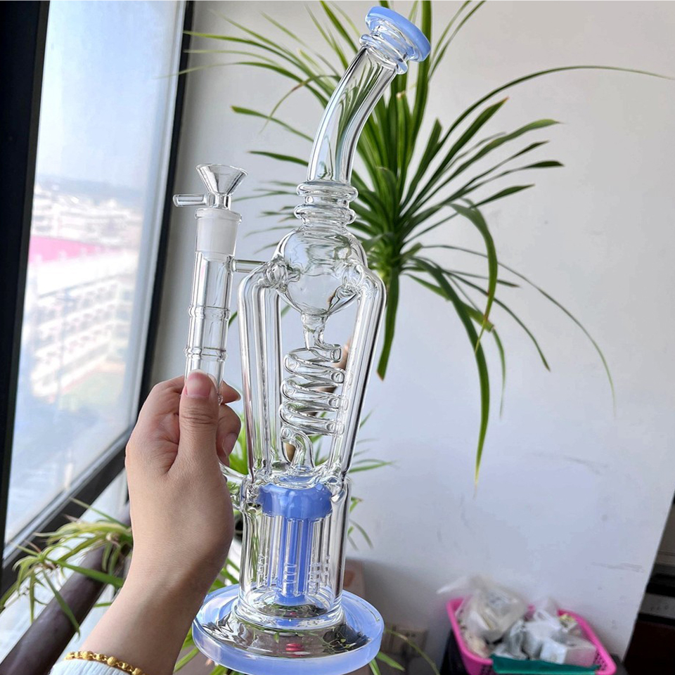 Recycler Oil Gravity Glass Bong Hookahs Freezable Coil Smoking Water Pipes Bubbler Accessory Smoke Pipe with 14mm bowl