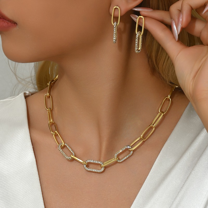 Jewelry Set Gold Tone Double Link Chain Necklace And Earring Set With Cubic Zirconia For Women Trendy Minimalist Versatile Accessory