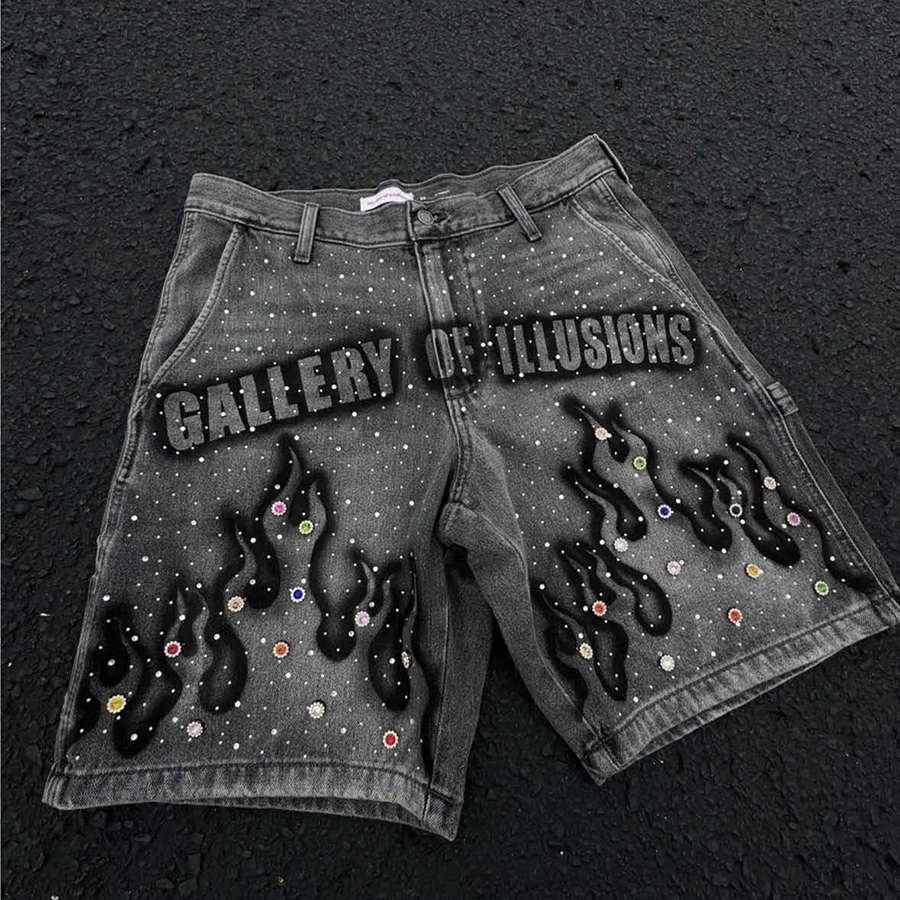 Men's Shorts Tassel Flame Print Pattern Rhinestone Butterfly Decoration Loose Denim Retro American Street Men Women Fashion Jeans