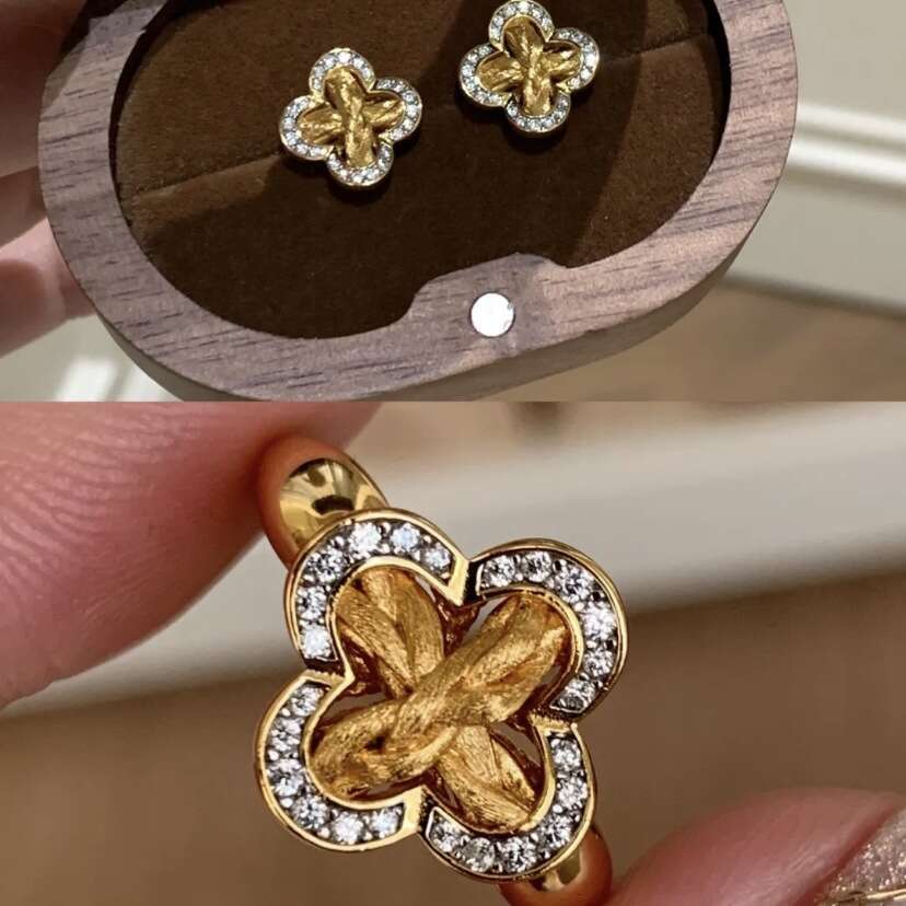 Women's Gold Plated Clover Ring Zircon Inlay Adjustable Flower Earring High-End Vintage Style Elegant Party Jewelry