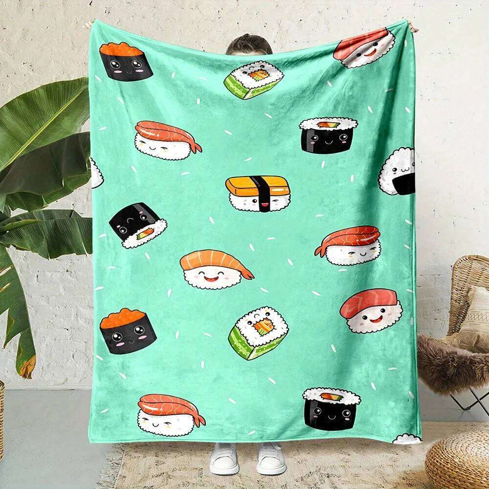 Cozy Cartoon Sushi Print Flannel Throw Blanket Perfect for Couch, Bed, Office Naps & Travel | Unique Wearable Gift Idea W260120