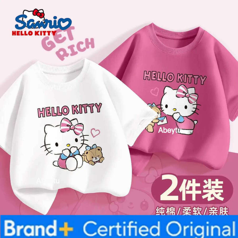 Sanrio 2 Pieces Per Pack Summer Baby Girls 100% Cotton Clothes Kid Children Girl Hello Kitty Printed T-shirts Short Sleeve Top H260120