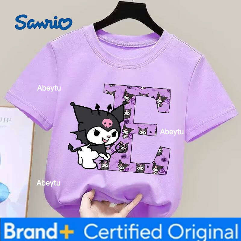 Sanrio Kuromi Children's T-shirt Cute Cartoon Anime Letter A-Z Print Girls Clothes Fashion Kids Toddler Cotton Short Sleeve Tops H260120