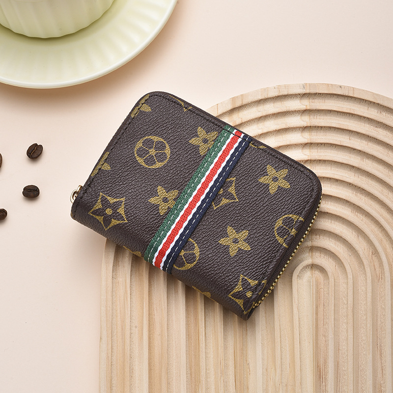 Vintage Monogram Zip-Around Card Holder Compact Multi-Slot Wallet for Coins & Cards