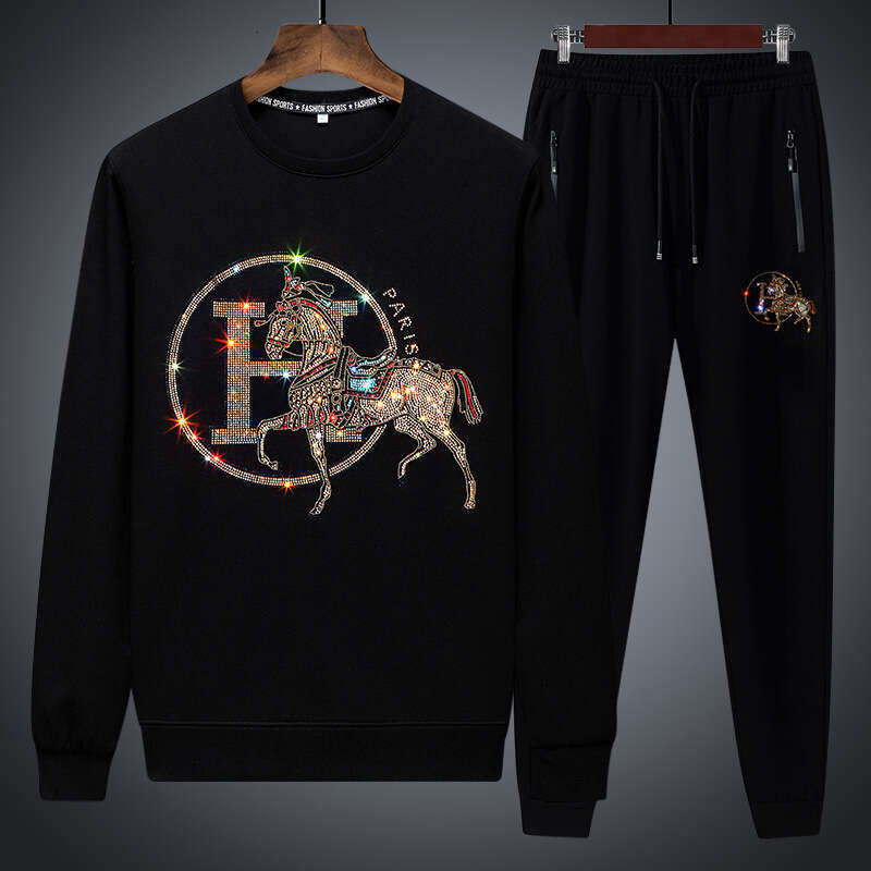 High-End Men's Autumn Top 2025 New Rhinestone Sports Suit Two-Piece Set