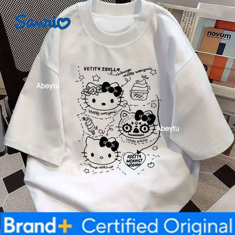 Sanrio 2025 New Women's Plus Size Hello Kitty Pattern Casual Multifunctional Loose Short Sleeved Cotton Top Y2K T-shirt H260120