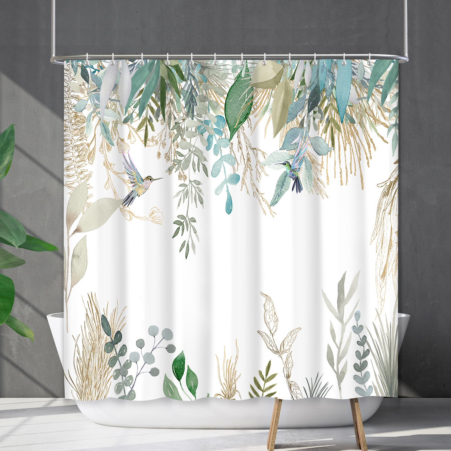 YL-38191 Waterproof Shower Curtain Set with Floral and Plant Designs, Shower Covering Curtain, No Drill Required
