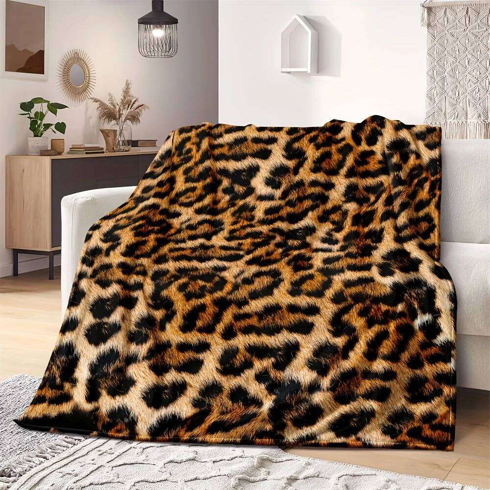 Luxurious Leopard Print Flannel Blanket - Soft Warm All-Season Multicolor Contemporary Style | Bed & Sofa W260120