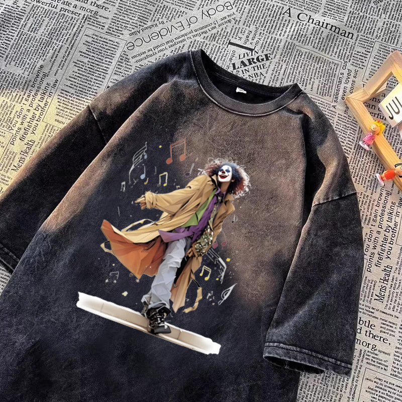 American Vintage Washed Distressed Clown Print Cotton T-Shirt Men's Summer Crew Neck Versatile Casual Graphic Tees