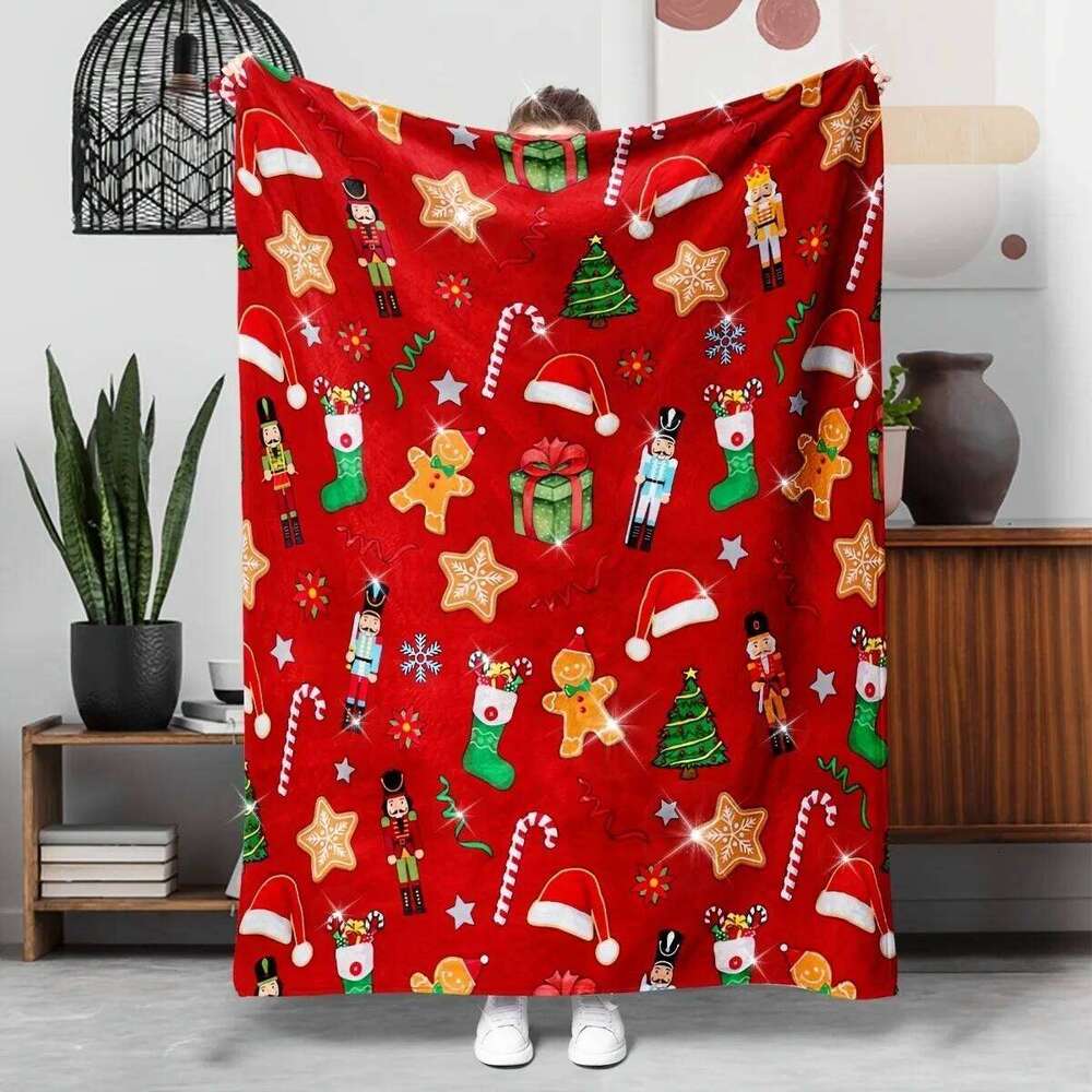 Festive Delight Christmas Blanket with Nutcrackers Cookies & Stars Pattern Print Soft and comfortable New Year Home Decoration W260120