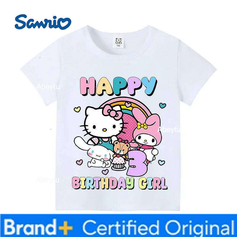 Sanrio Hello Kitty Baby Girls Birthday Number 1-9 T-shirt Cartoon Print Short Sleeve Children's Clothing Party Supplies Cotton Tee H260120