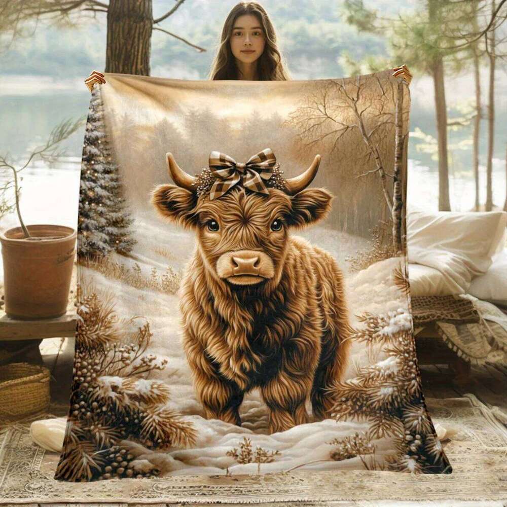 Highland Cow Winter Scene Flannel Blanket | Soft Warm All-Season Farmhouse Decor & Multi-Occasion Gift W260120