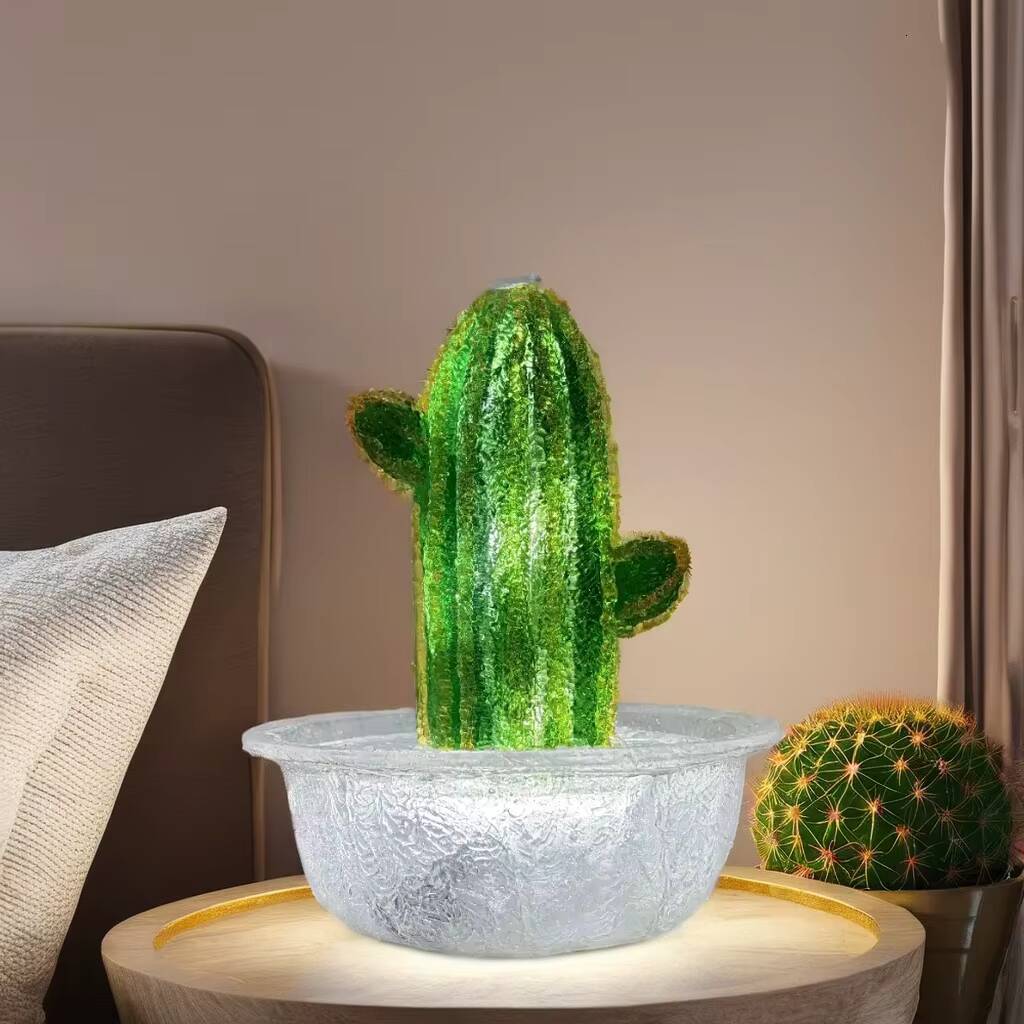 Vivid white LED Warm Light Cactus Transparent Resin Tabletop Water Fountain with USB Cable