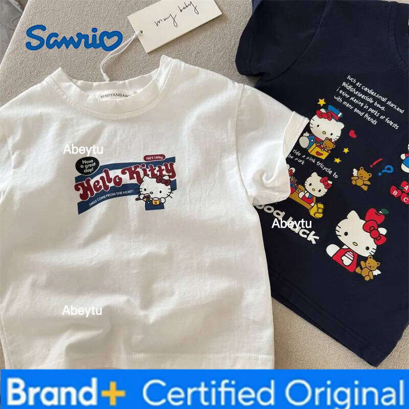 Sanrio Summer Teen Cotton T-shirt Hello Kitty Print Top Kids Clothes Sport Fashion Tshirt Baby Boys Girls Cute Short Sleeve Kid Wear H260120