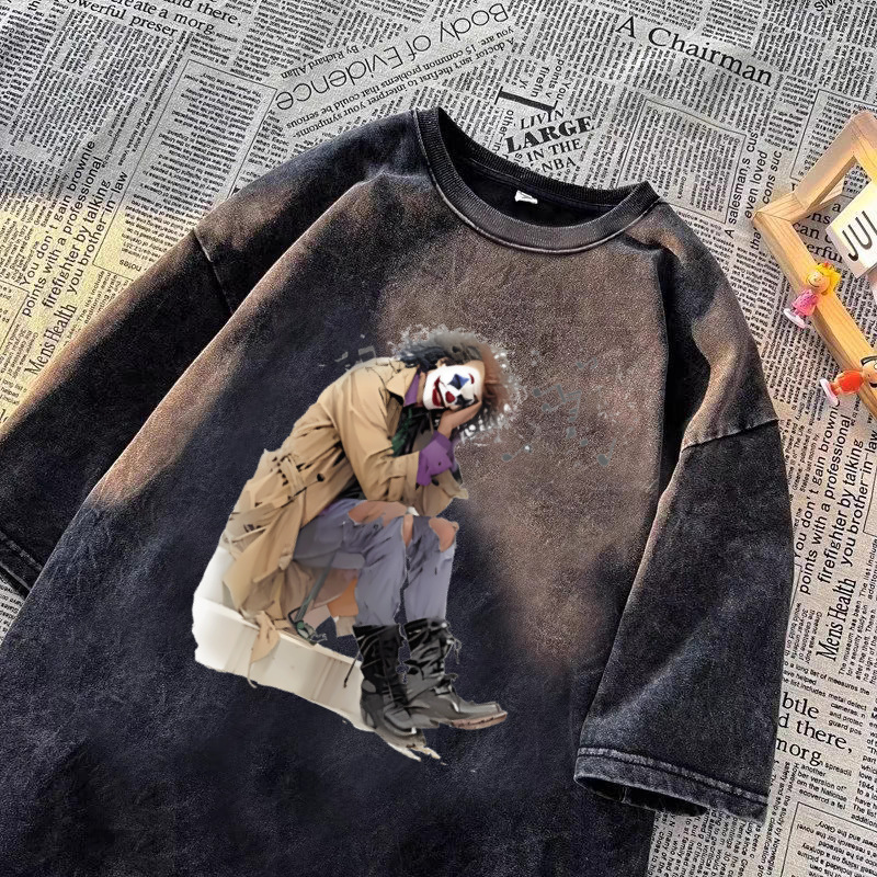 American Vintage Washed Distressed Clown Print Cotton T-Shirt Men's Summer Crew Neck Versatile Casual Graphic Tees