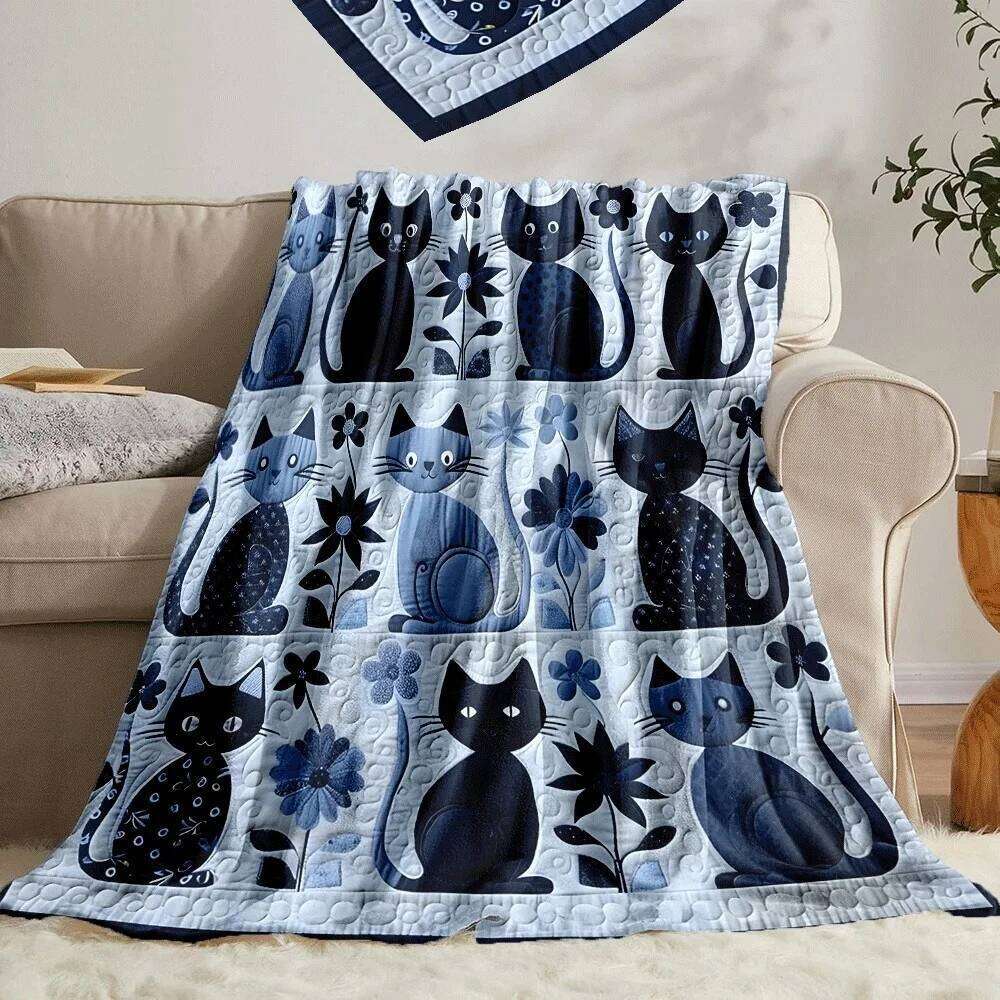Cute Blue Floral Pattern Quilted Camping Travel Sofa Bed Cozy Warm Throw Blanket for Cat Lovers Home Decor Gift W260120