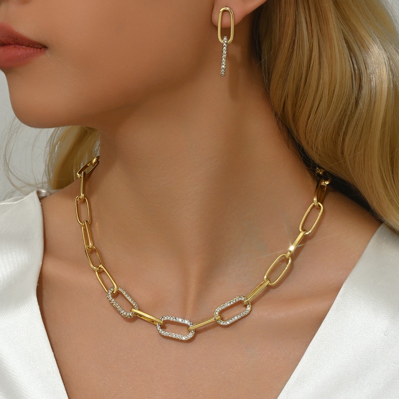Jewelry Set Gold Tone Double Link Chain Necklace And Earring Set With Cubic Zirconia For Women Trendy Minimalist Versatile Accessory