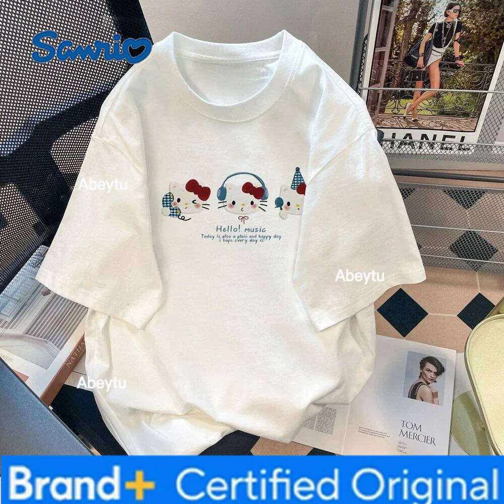 Sanrio American Trendy Brand Vacation Hello Kitty Print 2025 Women's Cartoon Top Trend Plus Size Loose Casual Short-sleeved T-shirt H260120