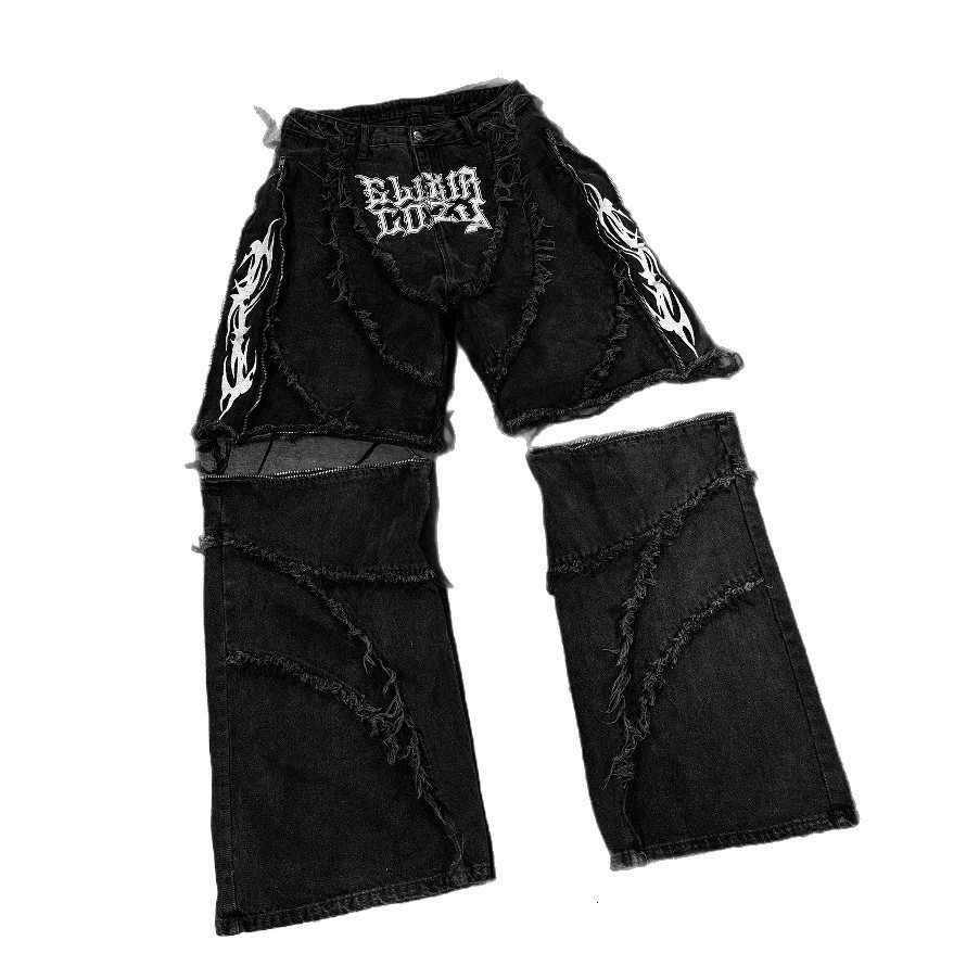 American Y2K Street Style Cozy Zipper Patchwork Detachable Loose Black Jeans Mid-Length Pants