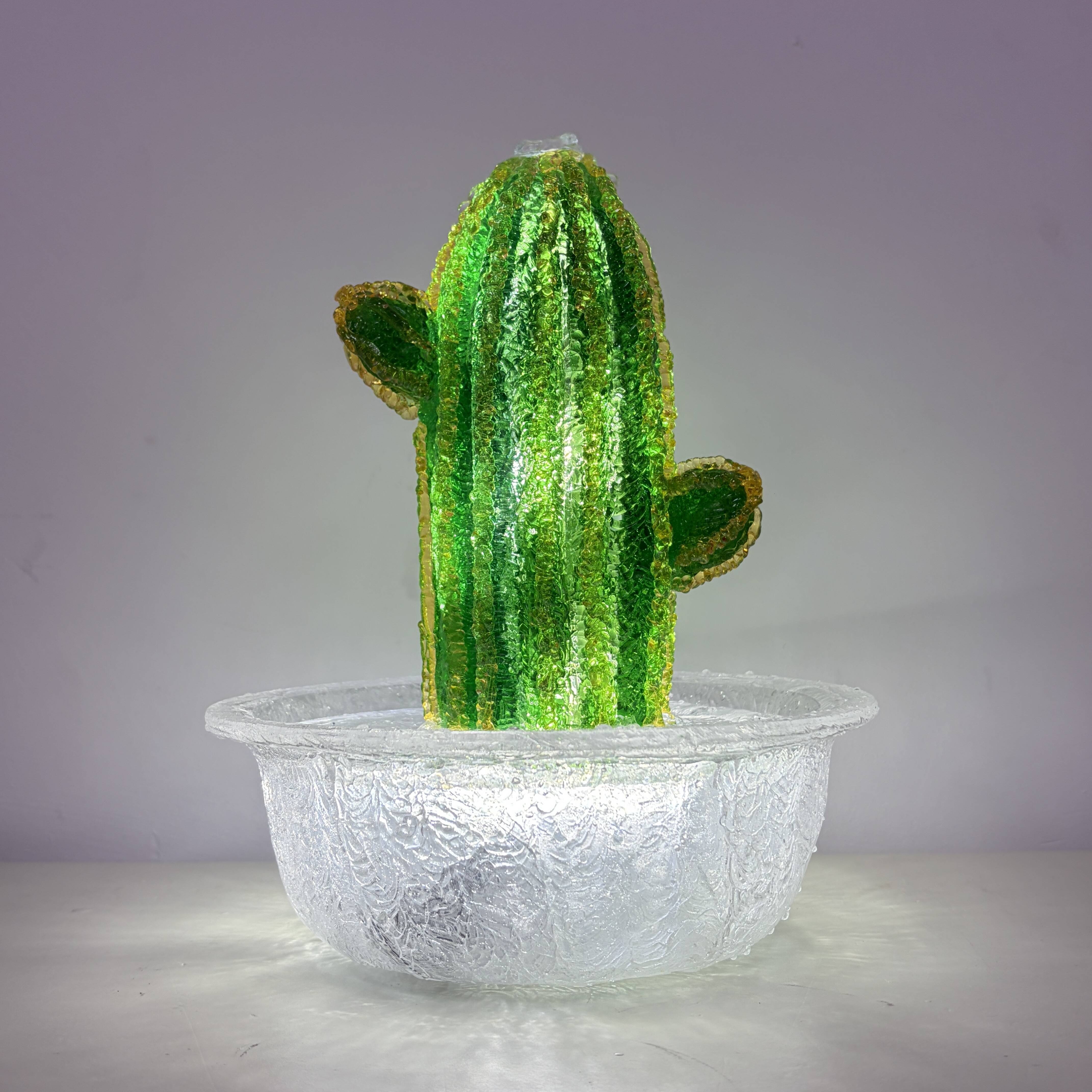 Vivid white LED Warm Light Cactus Transparent Resin Tabletop Water Fountain with USB Cable