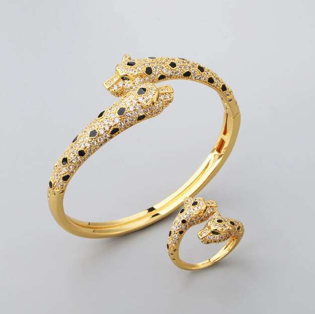 For Women Designer Luxury Trendy Internet Celebrity Spot Full Diamond Double Leopard Head Bracelet Ring High-end Fashion Jewelry